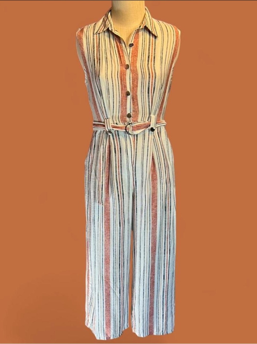 🤍Sleeveless White Jumpsuit with Vertical Blue & Rust Stripes • Vivid Aura